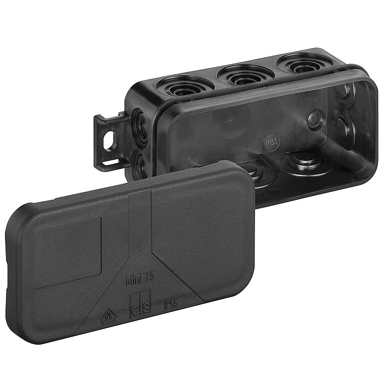Розподільча коробка Mini 25-L/sw (89х43х37), порожня, 10 введень (2 введення на днищі), IP55, чорна Фото Розподільча коробка Mini 25-L/sw (89х43х37), порожня, 10 введень (2 введення на днищі), IP55, чорна